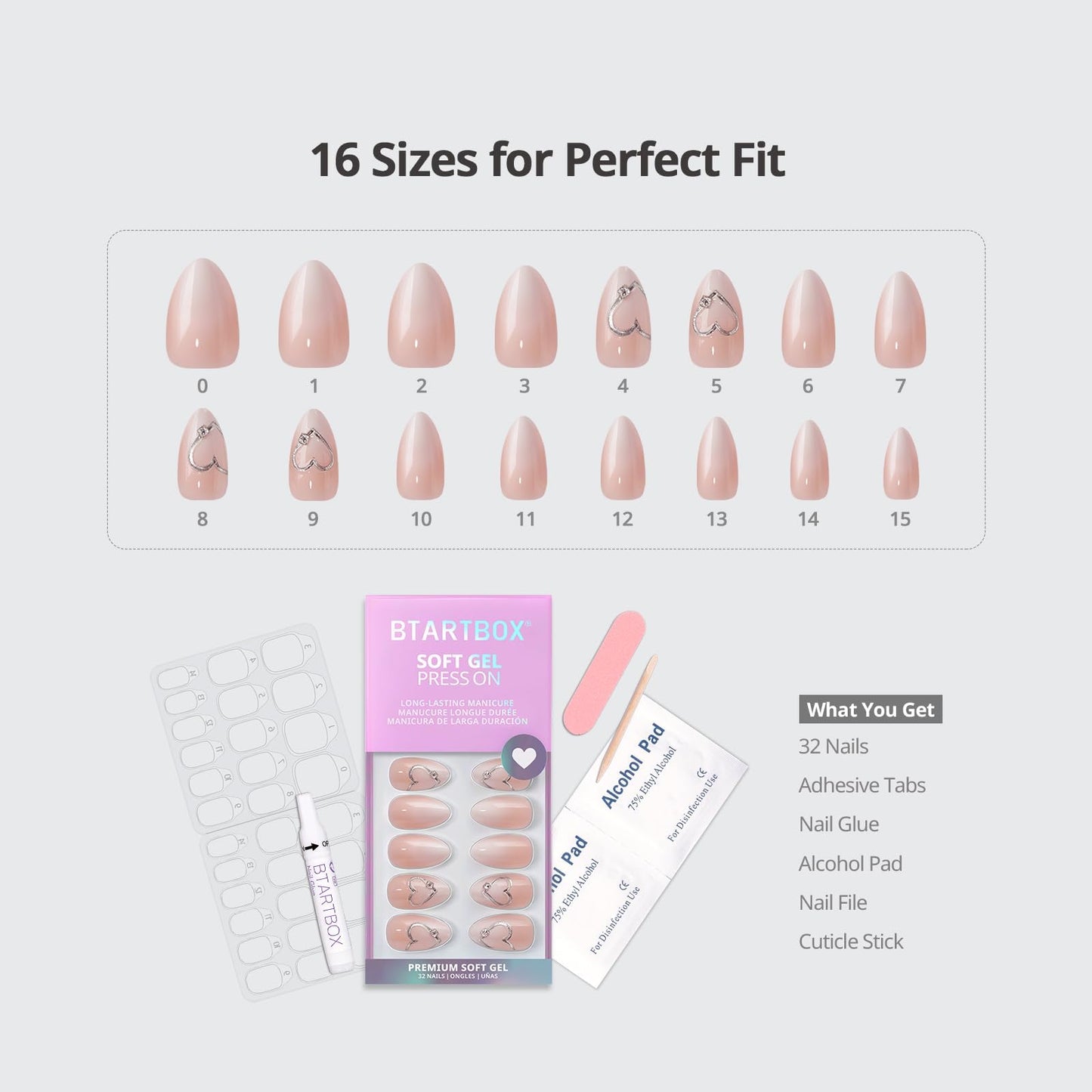 BTArtbox Press On Nails Short - Bridal Side, Easy-to-Apply 3D Heart Ombre Nude Almond Press On Nails with Glue and Adhesive Tabs in 16 Sizes - 32 Nails All-in-One Kit