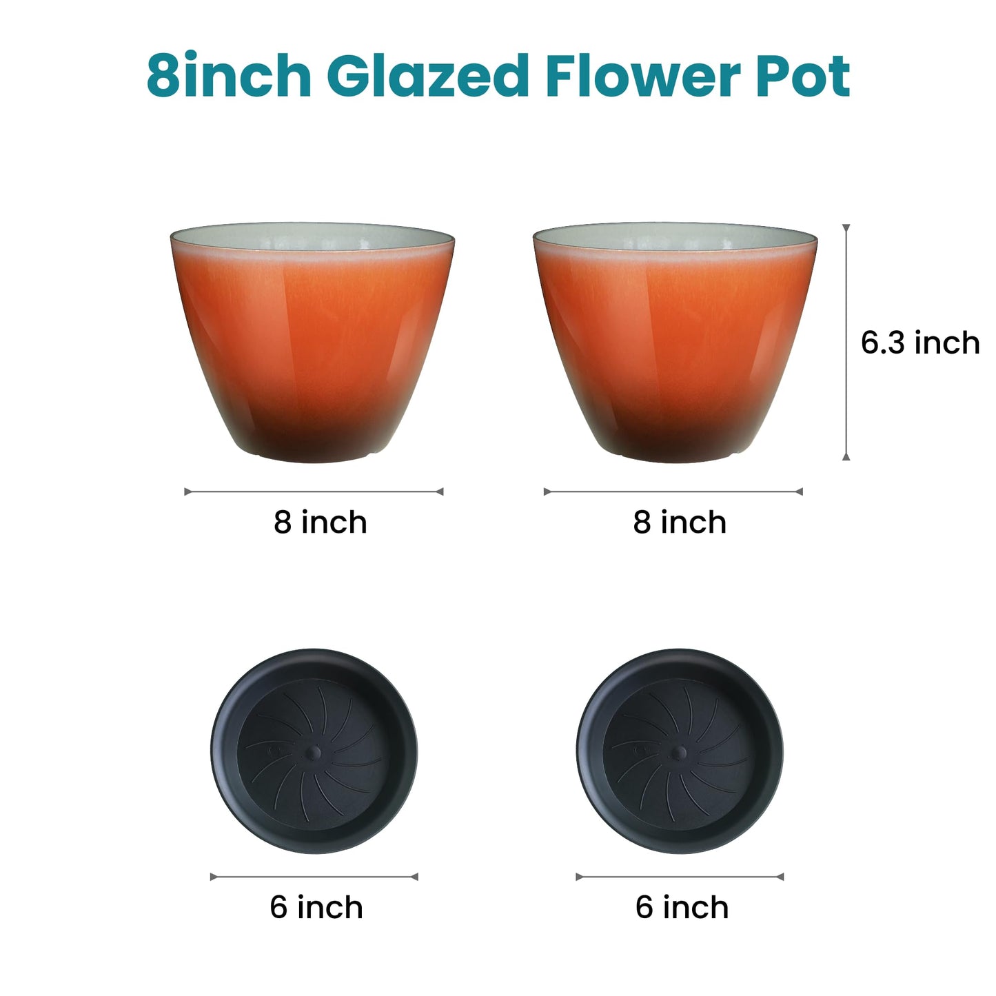 Vanslogreenk 8 inch Plant Pots Indoor Modern Glaze Planters with Drainage Holes, Garden Flower Pots Planter for Aloe, Herbs, Cactus (Orange, 2pcs)