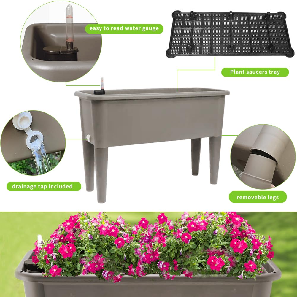 Megawodar 4 Pcs Self Watering Elevated Raised Garden Bed, Large Outdoor Plastic Planter Box Big Flower Plant Pot for Planting Flowers Vegetables and Herbs (4, Khaki)