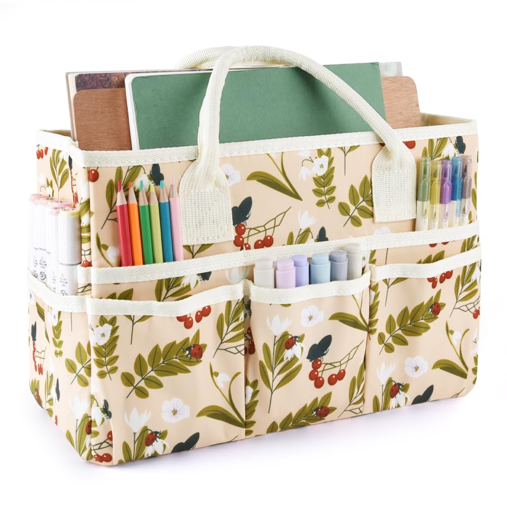 E-WEICHEN Craft Organizer Tote Bag Art Storage Caddy with Multiple Pockets Containers for Art,Craft,and Office Supplies Storage.Red Fruit