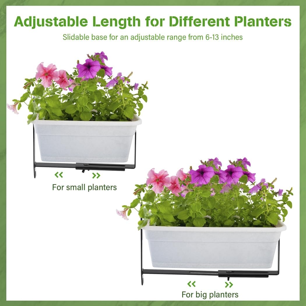 Tressify Heavy-Duty Adjustable Window Planter Brackets, Wall Mount Flower Box Holders 6–13 in, 4-Pack, Black Iron Construction