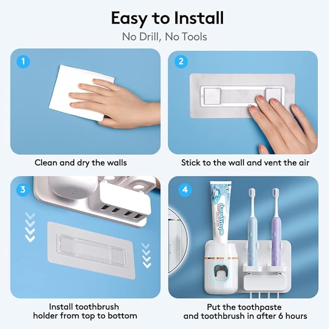 Toothpaste Dispenser Wall Mounted, Automatic Toothpaste Dispenser for Kids, Toothbrush Dispenser for Bathroom with 4 Toothbrush Slots