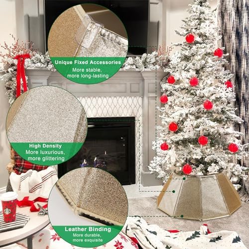 Blissun Fabric Christmas Collar, Glittering Tree Ring, Willow Skirt for Tree Decorations (Glitter Gold)