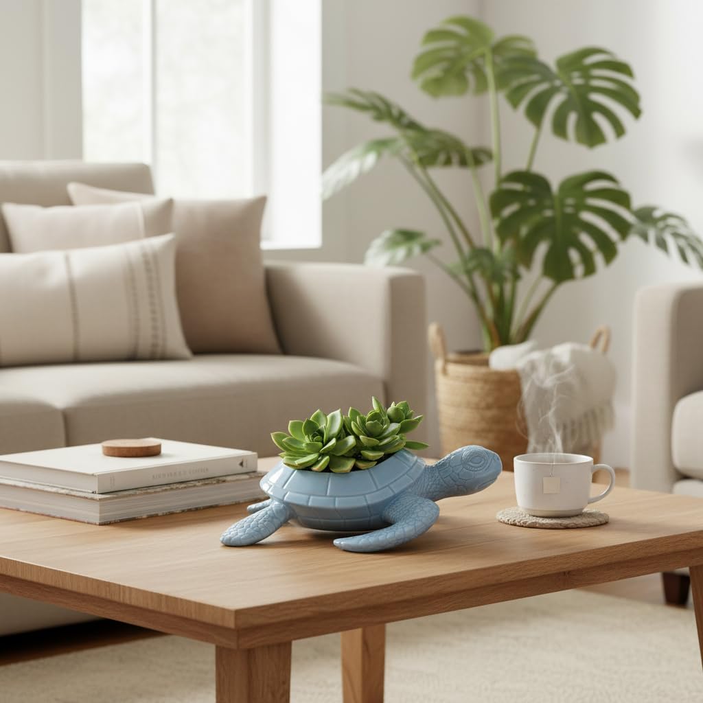 Comfy Hour 9" Sea Turtle Figurine Style Succulent Planter, Decorative Animal Flower Pot for Cactus and Small Plants, Ocean Theme Home Decor Statue (Light Blue)