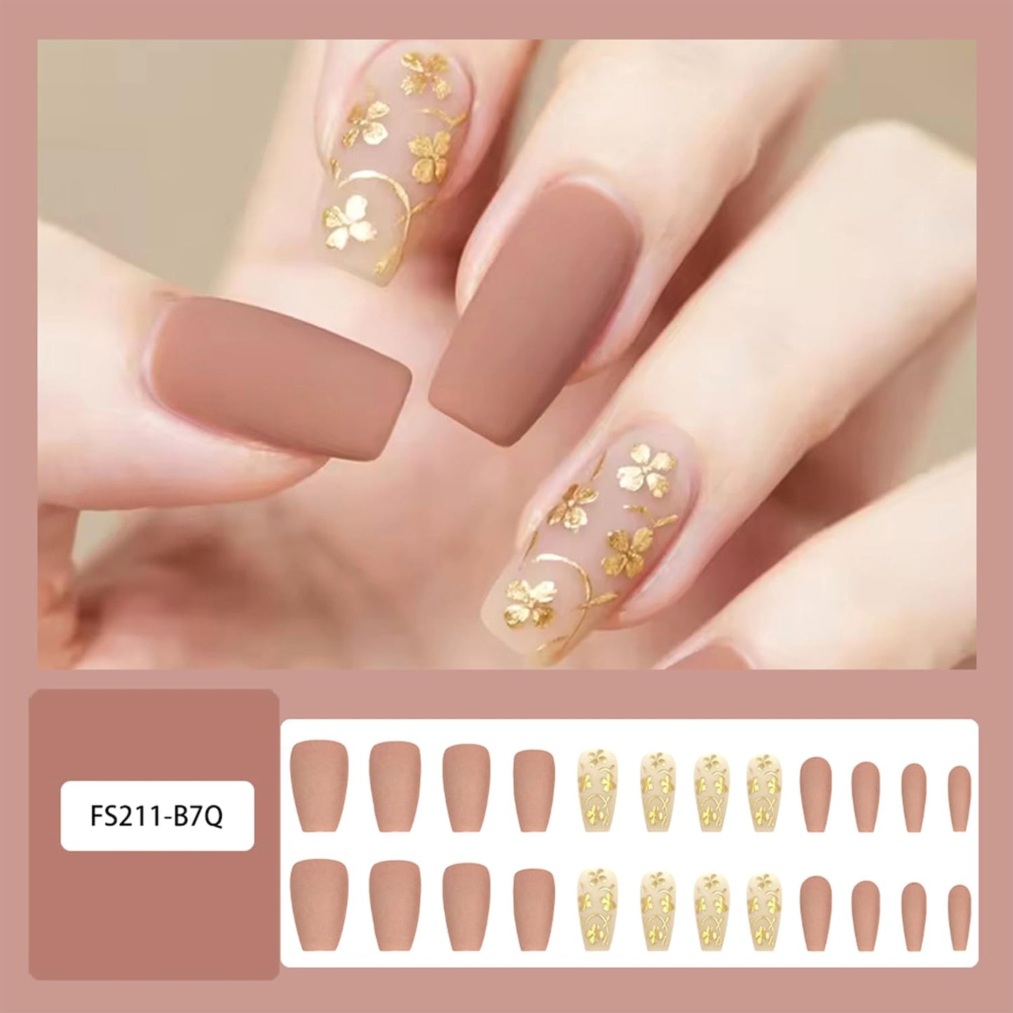 Vopintpy 3D Gold Flower Press on Nails Short Square Fake Nails with Design Matte Acrylic Glue on Nail Reusable Full Cover Artificial Stick on Nail for Women DIY Manicure