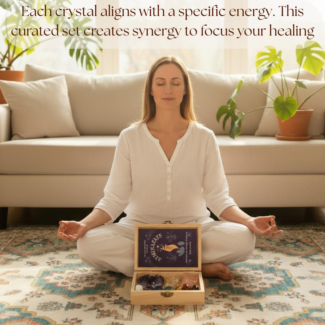 Atminafays Large Premium Crystals and Healing Stones in Wooden Gift Box + Velvet Pouch + 7 Chakra Tumbled Gemstones+Info Guide, Amethyst Cluster，Rose Quartz ，Quartz Crystal Point