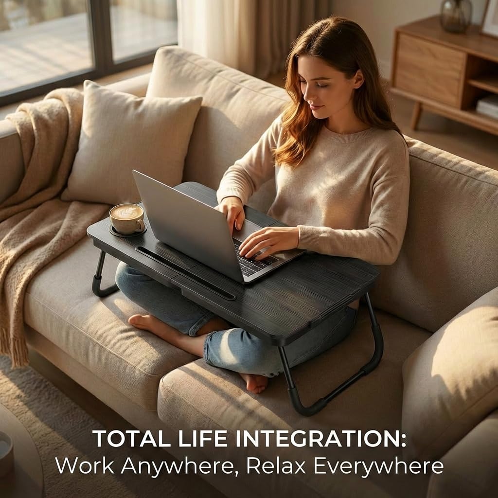 BUYIFY Foldable Laptop Bed Desk for Couch, Sofa - Large Lap Desk Tray Table with Cup Holder and Tablet Slot - Portable Notebook Stand for Eating, Writing, Studying and WFH -NEW-006