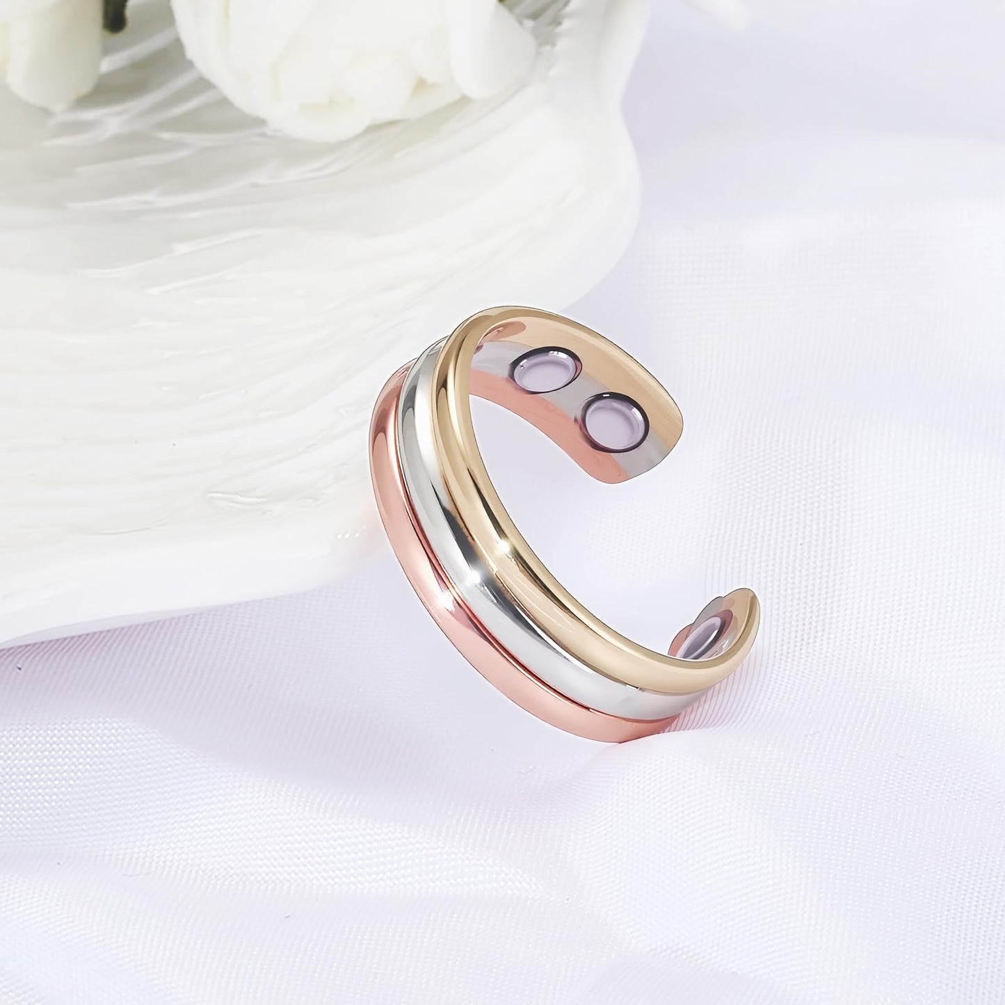 MagSølv 2PCS Copper Rings for Women, 99% Pure Copper Adjustable Magnetic Ring with 4 Magnets, Tricolor Gold Jewelry