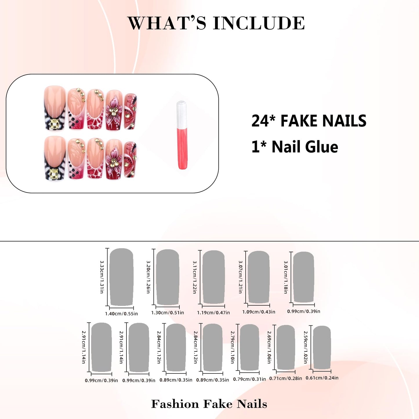 IMRAIN Press on Nails Long Square Fake Nails Pink French Tips False Nails with Crocodile Print Designs Handmade 3D Flower, Rhinestone Glue on Nails