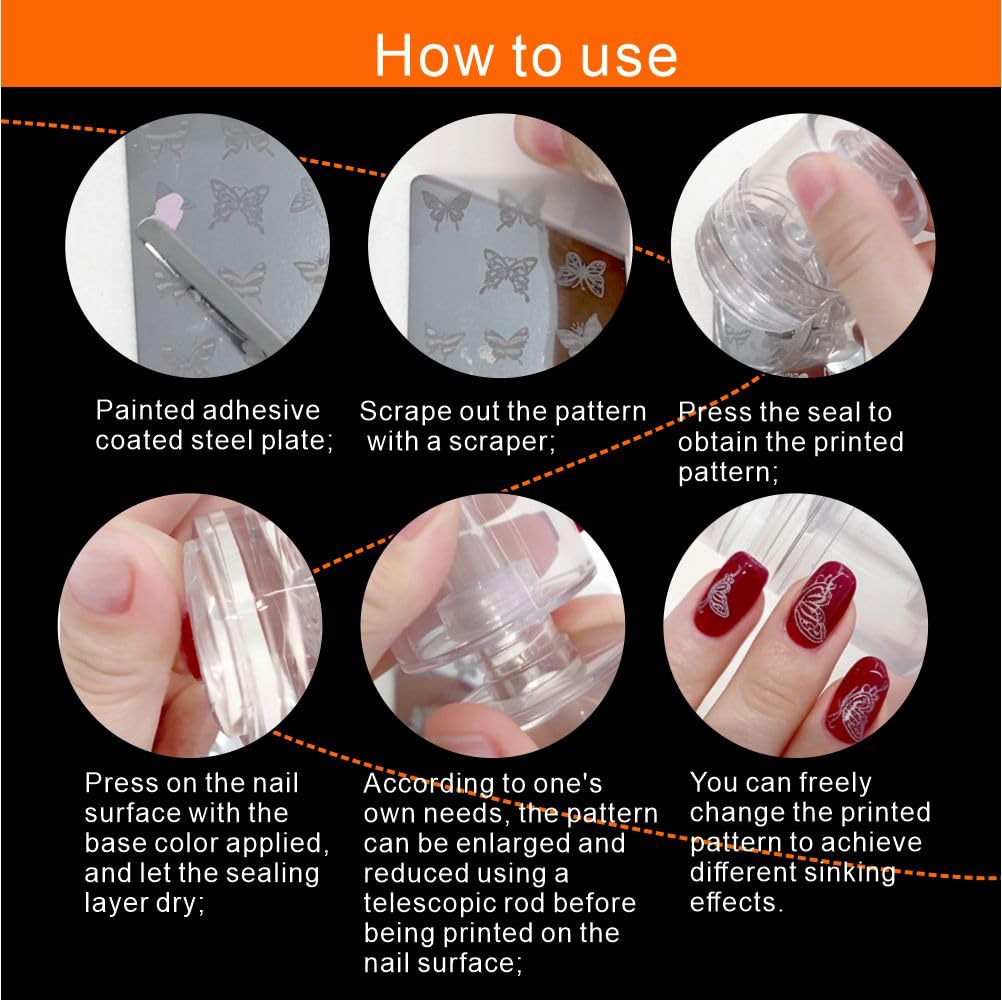 Vantico Professional Rotating Nail Art Stamper Kit, Clear Silicone Head, Adjustable Pattern Size, DIY Manicure Tool with Cleaner stamper’s Sensitive Skin Friendly,for Home Salon
