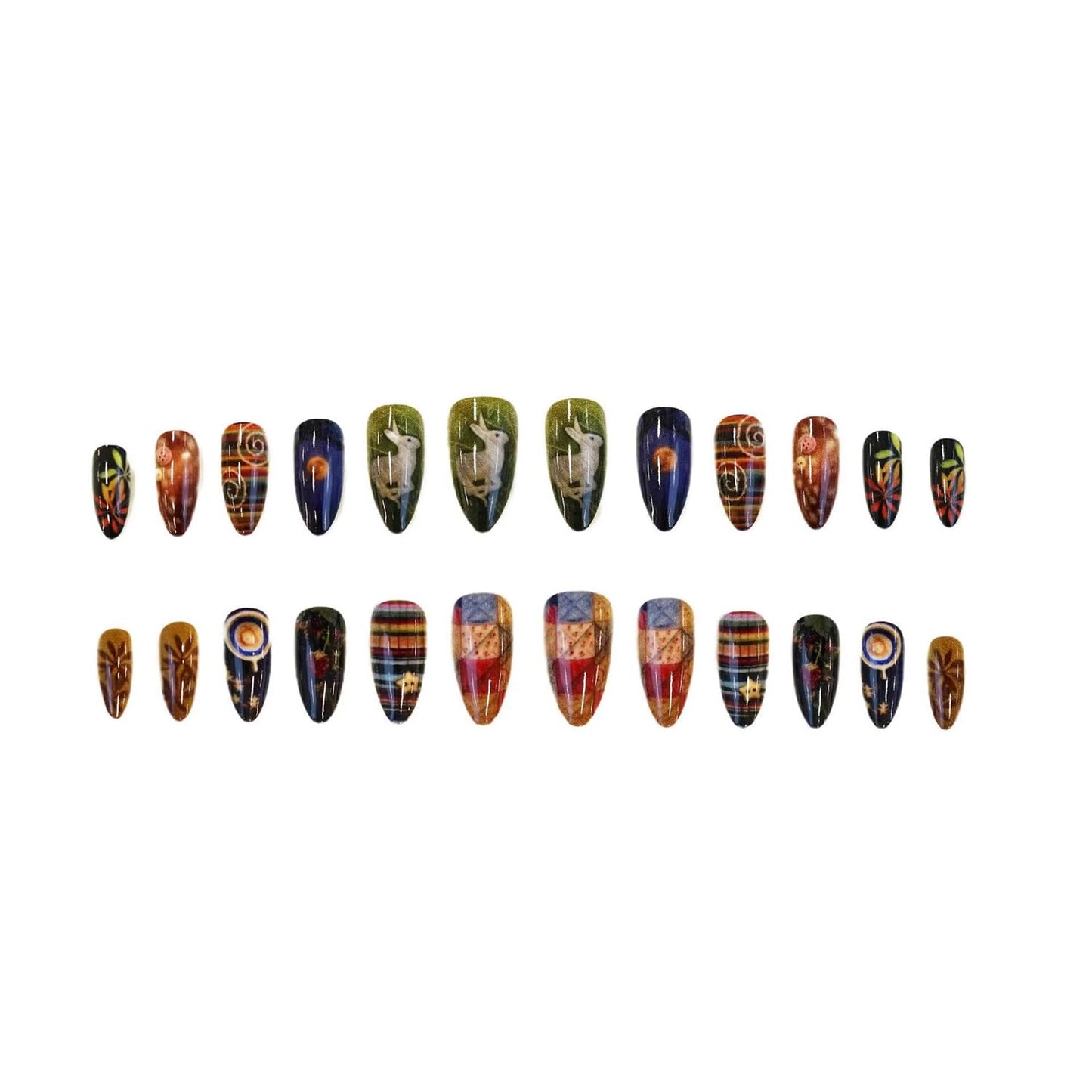 Press on Nails Medium Almond SWEKKE Fake Nails Cute False Nails with Bunny Stars Moon Plaid Stripes Designs Glossy Glue on Nail Full Cover Acrylic Nails for Women Girls 24Pcs