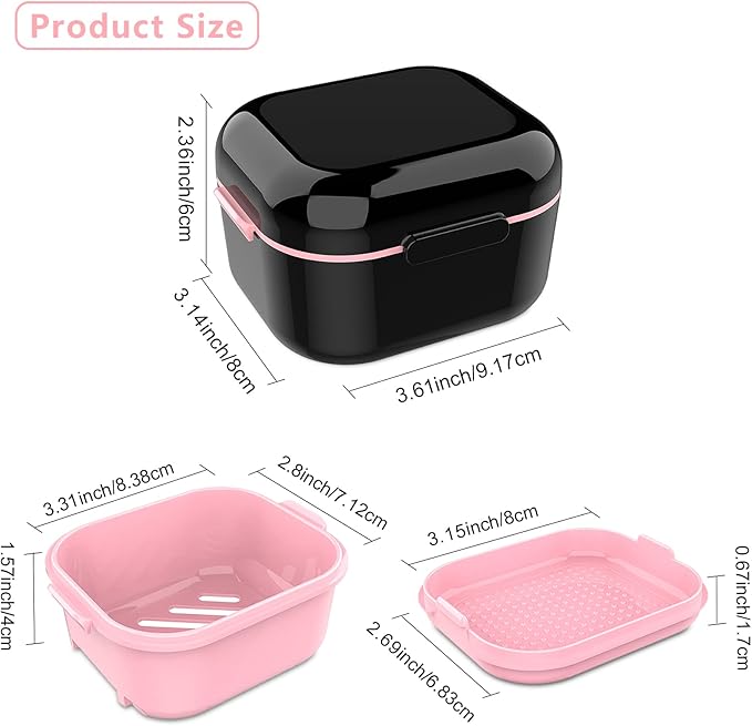 BVN Denture Bath Denture Case: Denture Cup for Soaking Dentures, Retainer Cleaner Case with Mirror, Mouth Guard Case, Aligner Case, Retainer Holder, Night Guard Case, False Teeth Container Black