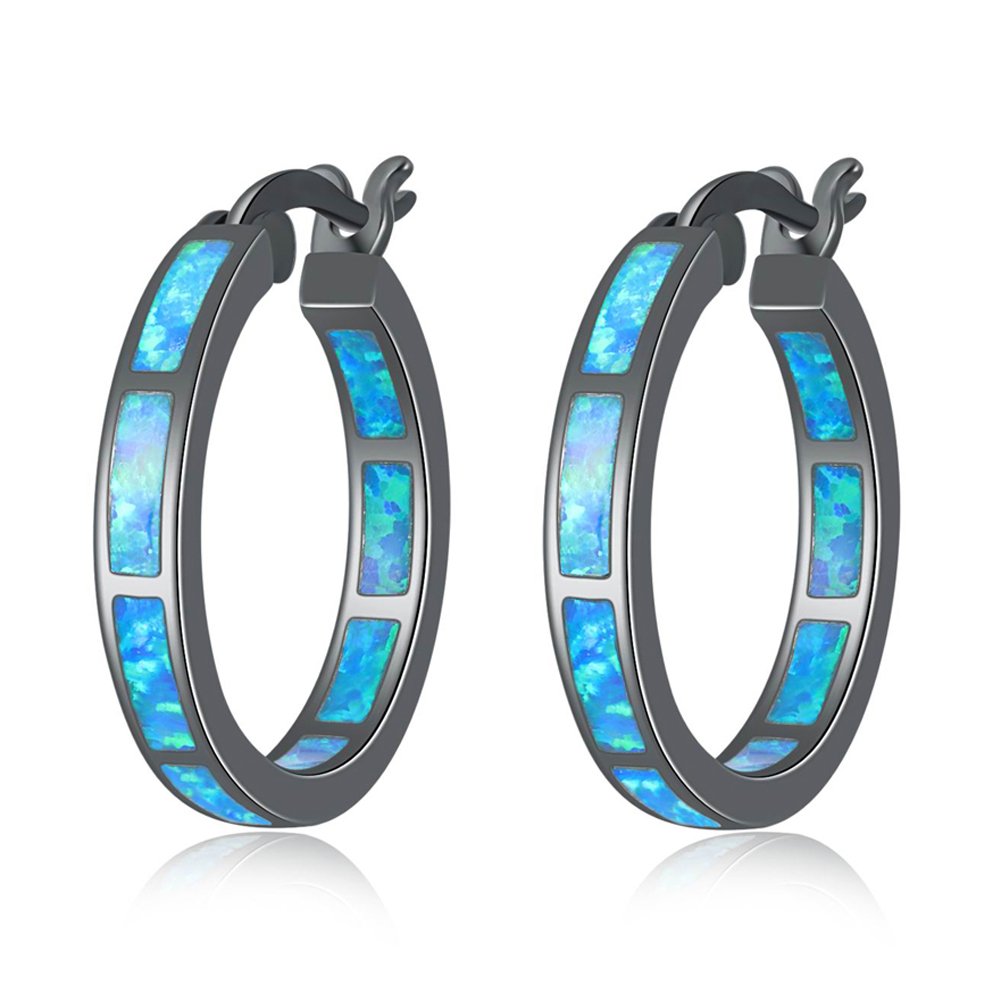 CiNily Opal Hoop Earrings for Women Black Gold Plated Small Hoop Hypoallergenic Ear Hoops Gemstone Round Hoops for Ladies