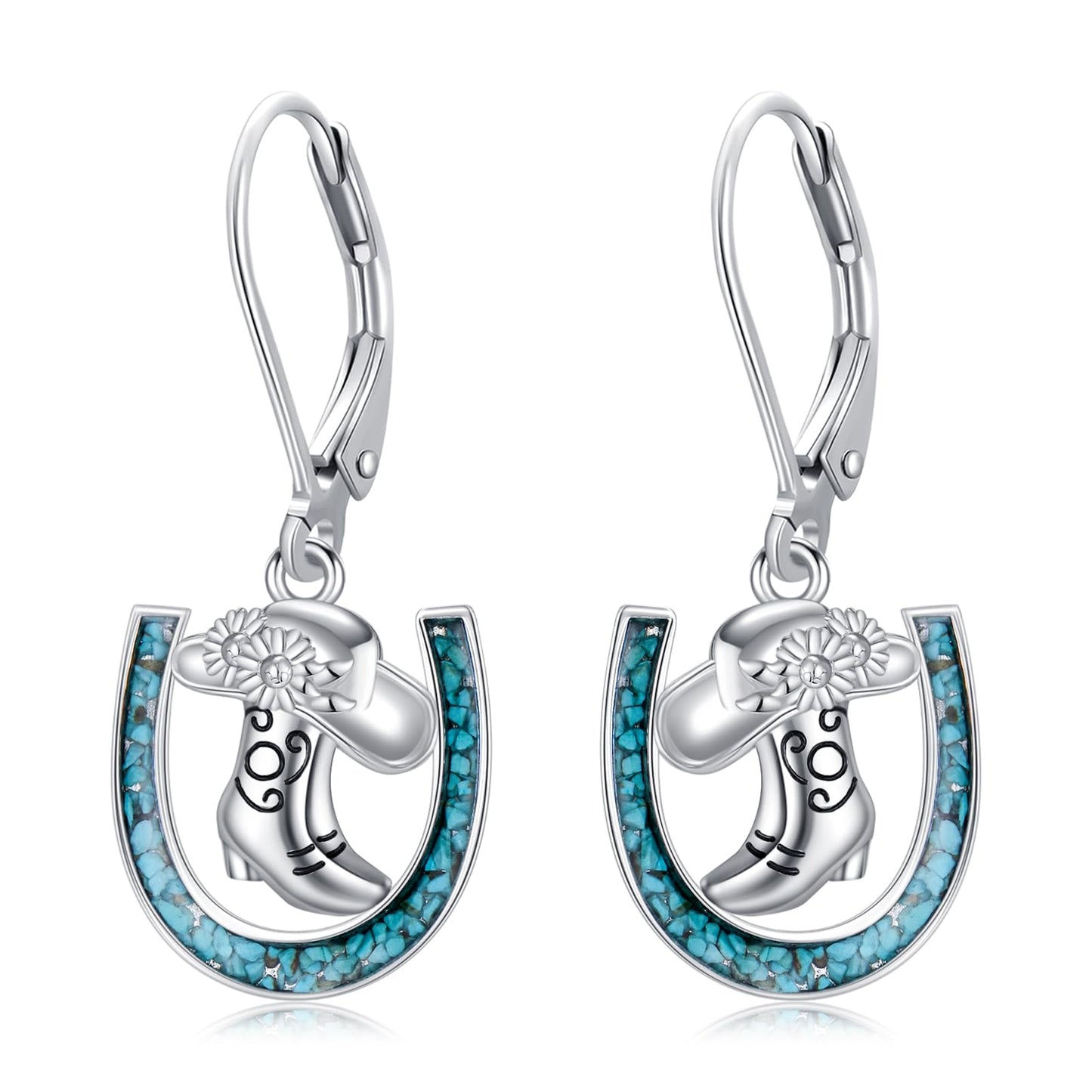 YYmqmq Cowboy Boot Earrings 925 Sterling Silver Turquoise Horseshoe Dangle Earrings Laverback Western Jewelry Christmas Gifts for Women Cowgirl