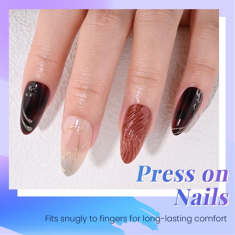 XZMeiLun 3D Butterfly Wings Press On Nails Blue Brown Mixed Medium Almond – Gold Line Pearl Designs, Acrylic Reusable Fake Nails with Adhesive Tabs, Salon Quality Nail Press Ons for Women Manicure