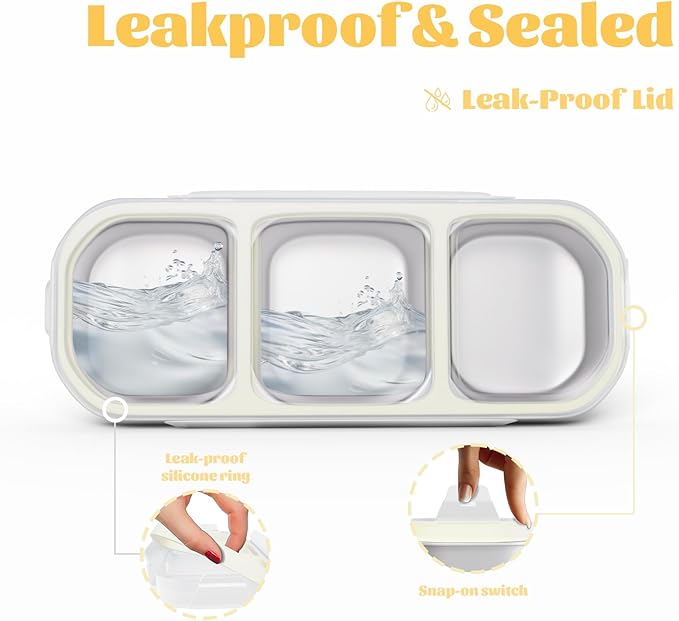 Stainless Steel Snack Containers for Kids Adults, 2 Pack 3 Compartment Metal Snack Containers Box with Lid, Reusable Food Storage Container, Leak Proof, Grab and Go