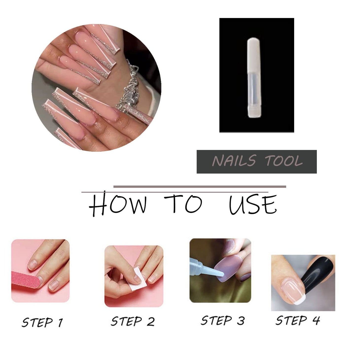 MISUD Press on Nails - Long Coffin Fake Nails with Pink, Acrylic Bling Glitter Design 24 pcs