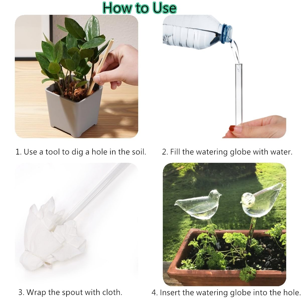 Tebery 4 Pack Plant Waterer Automatic Self Watering Globes, Bird Shape Design Hand Blown Glass Plant Watering Bulbs Garden Water Device