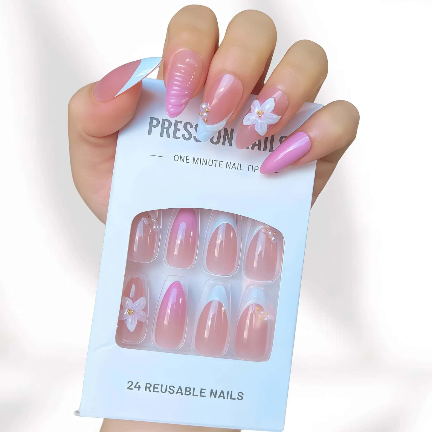 French Medium Almond Press on Nails Pink Droplet Waves Design 3D Flower Fake Nails Full Cover Glue on Nails Removable Stick on Nails for Women 24 Pcs Artificial Nails