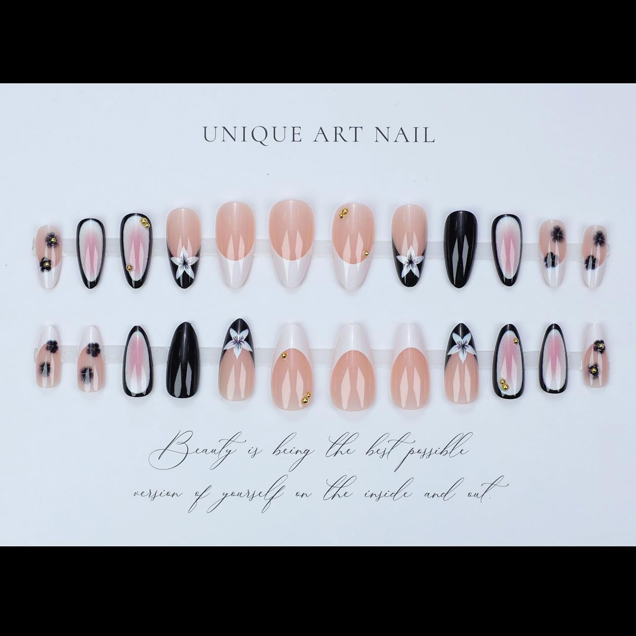 LPOODDNU Black White Press on Nails - Almond Medium French Fake Nails with Flower&Gold Bead Designs, Glossy Finished Reusable False Nails with Glue Tabs - 24Pcs Nail Kit for Women Manicure
