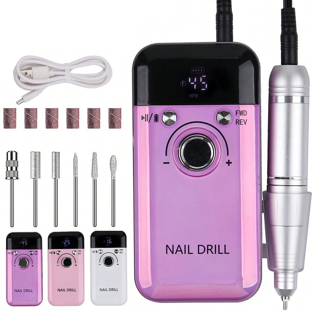 Tfscloin-45000RPM Rechargeable Electric Nail Drill Machine Professional Nail Drills for Gel Nails Polish Portable Nail File Manicure Tool (Pink)