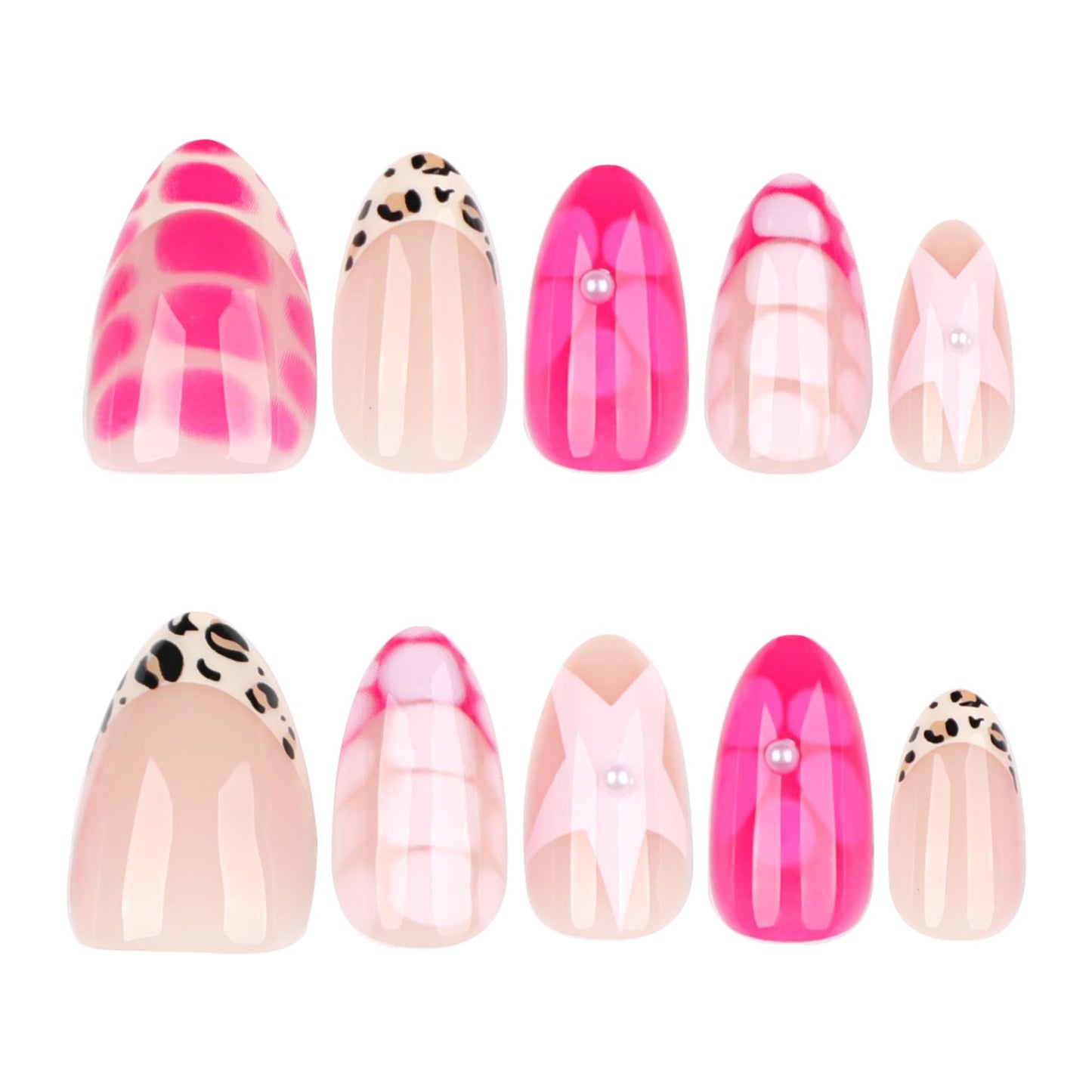 Pink Star Press on Nails Medium Almond Fake Nails Cute Flower False with Designs Leopard French Tips Glue on Nail Glossy Pearl Full Cover Acrylic Stick on Nail for Women Manicure 24pcs