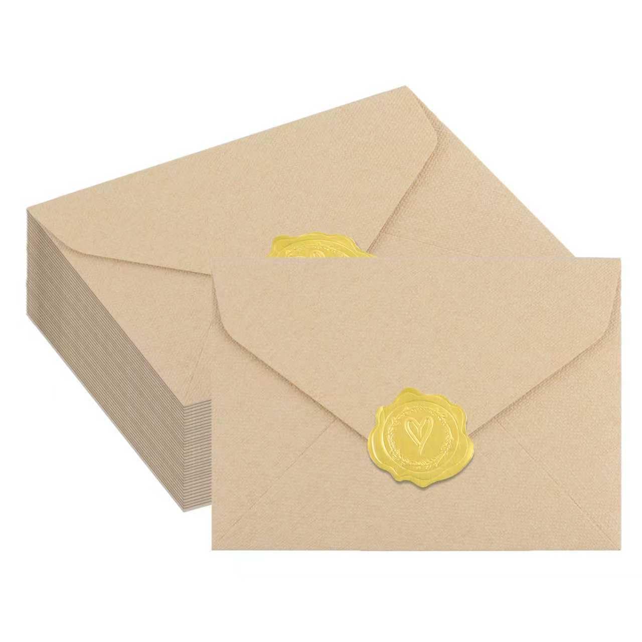 Discbind 50 Pack 4x6 Khaki Linen Envelopes with Gold Wax Seals - Handmade Look A6 Vintage Envelopes & Self-Adhesive Seal Stickers for Greeting Cards, love letter, Wedding, Party Invitation