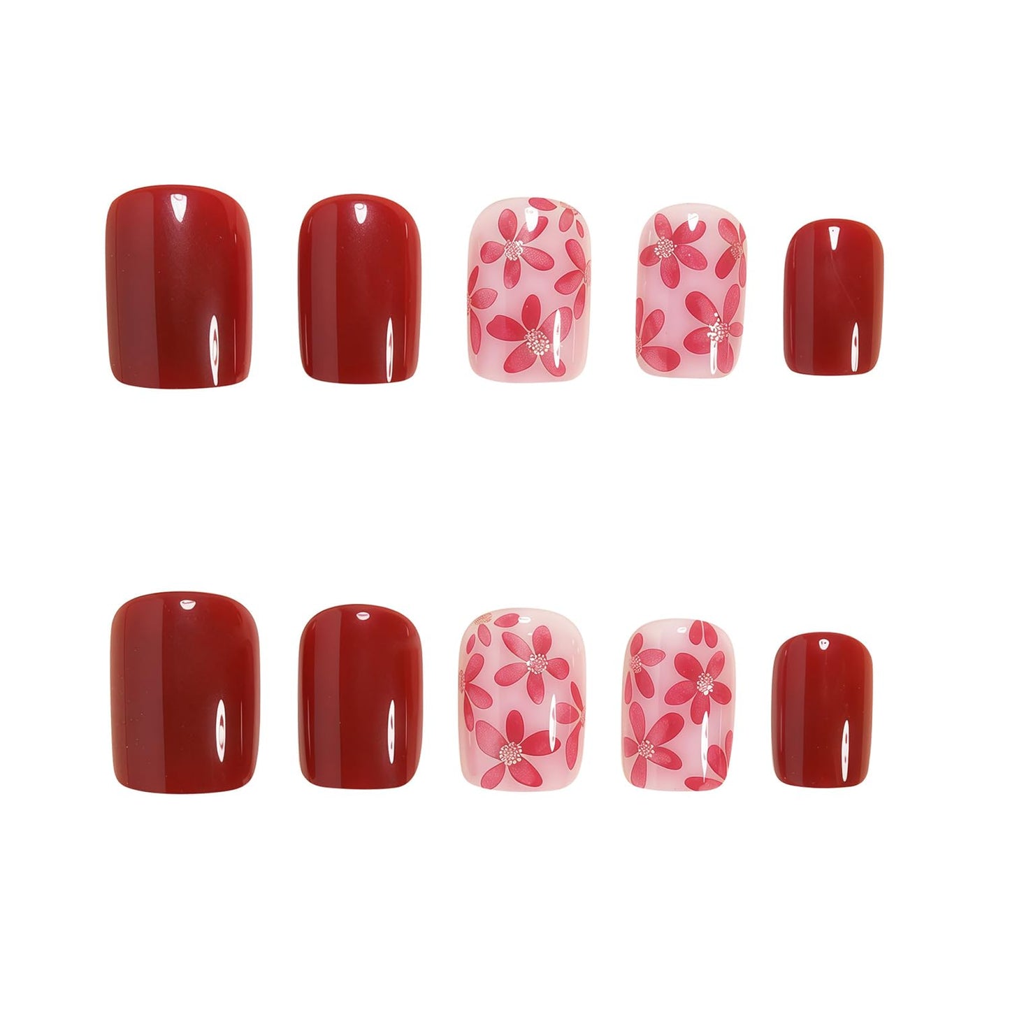CEWEWP 24Pcs Wine Red Press on Nails Extra Short Nude Flowers Fake Nails with Glitter Flowers Design Full Cover Winter False Nail Square Shape Glue on Nails Acrylic Glossy Stick on Nail for Women