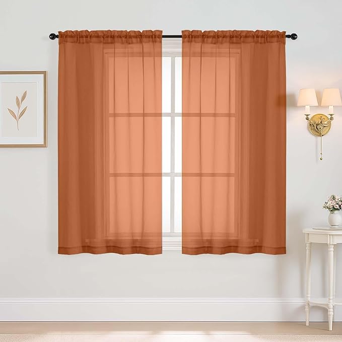 Orange Window Sheer Curtains 54 inch Length, Soft Airy Light Filtering Sheer Curtain 2 Panels Set, Dual Rod Pocket Gauze Orange Drapes for Living Room Bedroom, 2x42Wx54L Inches