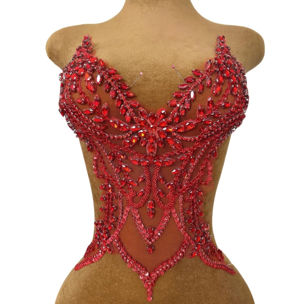 Hand Beaded Sewing Lace Patches Costumes Appliques with sew on Crystals Rhinestones for Crafts DIY Protects Wedding Evening Party Dance Clothes Accessories (Red)