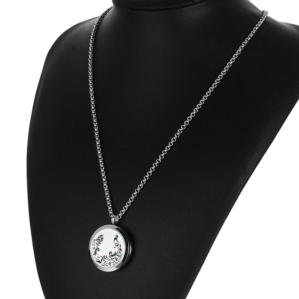 Popeoiuh Aromatherapy Essential Oil Diffuser Necklace - Stainless Steel Locket Peacock Pendant with 24" Chain 8 Colors Pads for Mother Christmas Birthday Father's Day Women Men