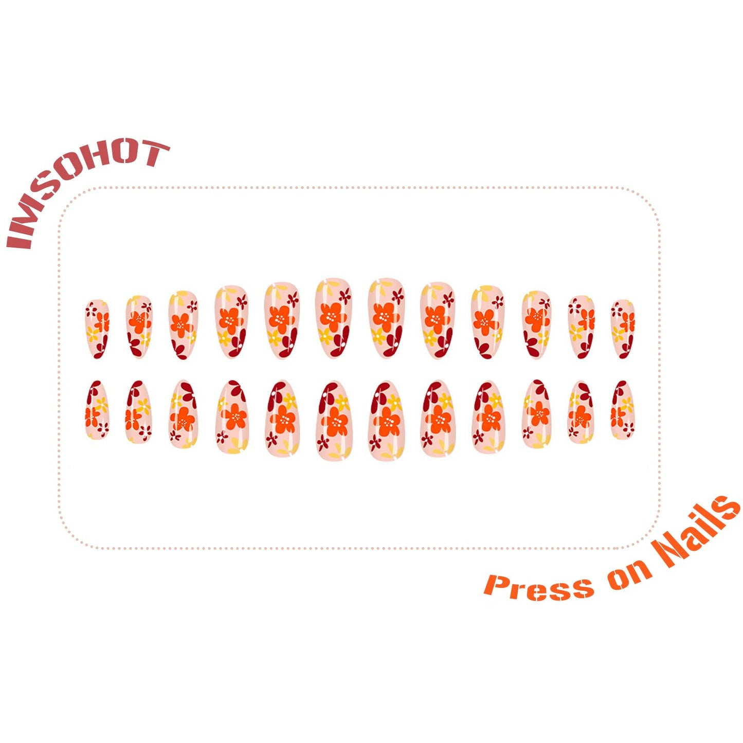 IMSOHOT Fall Press on Nails Almond, Medium Glossy Acrylic Fake Nails, Reusable Nail Kit with Nail Glue, Full Cover Orange Brown False Nails with Flower Designs, 24Pcs
