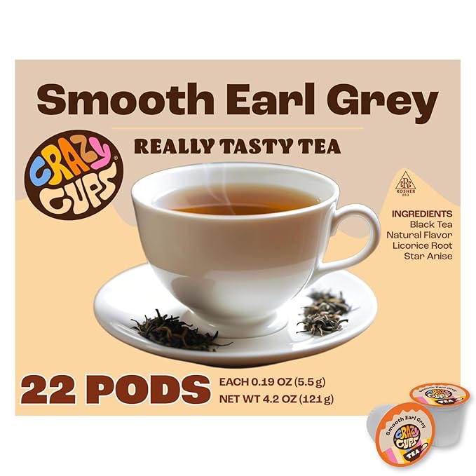 Crazy Cups Smooth Earl Grey Tea Pods, 22 Count | Kosher Certified Black Tea Blend with Licorice Root & Star Anise, K Cup Compatible, Bold Bergamot Flavor, Gluten Free, Vegan