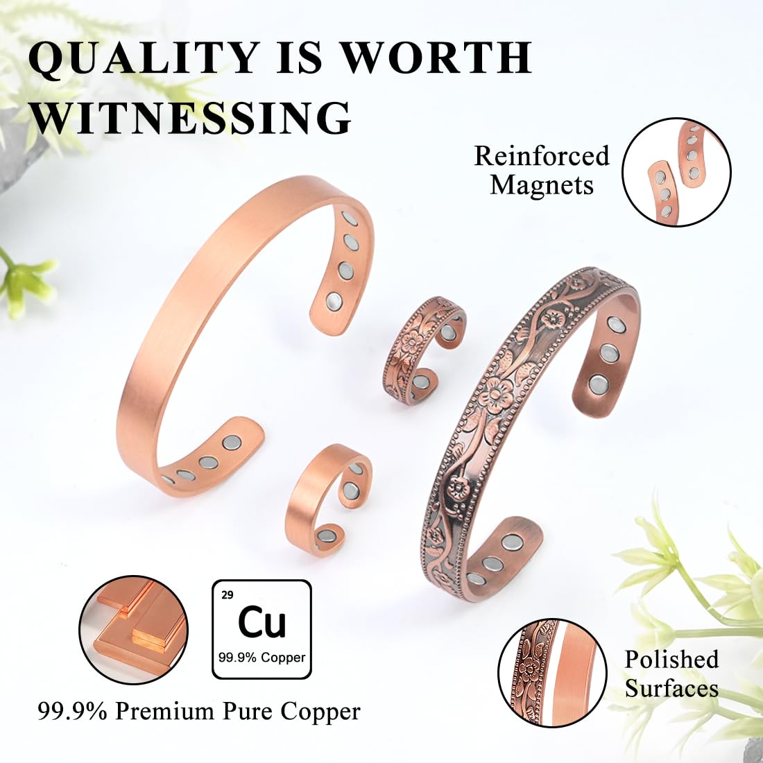 Vicmag 4PCS Copper Magnetic Bracelet Ring for Women Men Magnet 100% Solid Pure Copper Brazalete Gift
