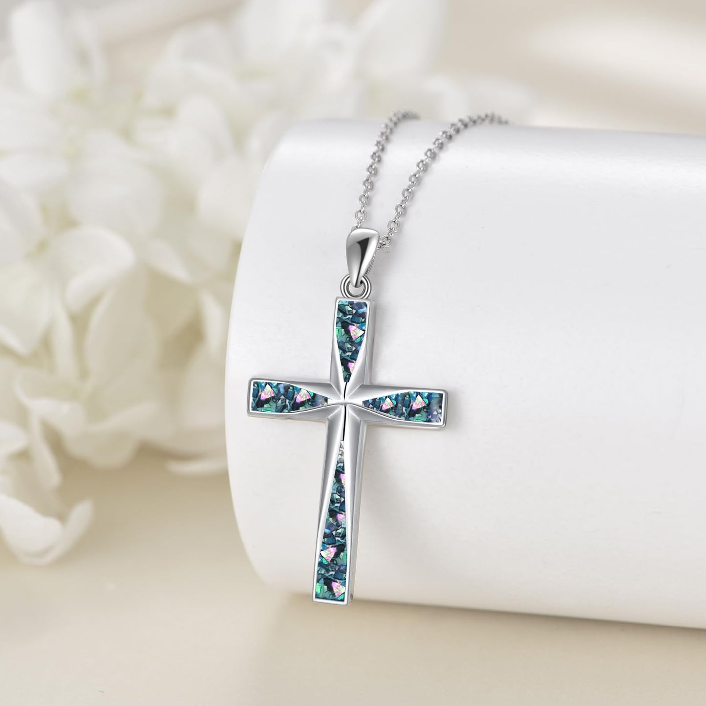 ONEFINITY Cross Necklace Sterling Silver Origami Abalone Shell Cross Pendant Necklace Religious Jewellery Gifts for Women Men