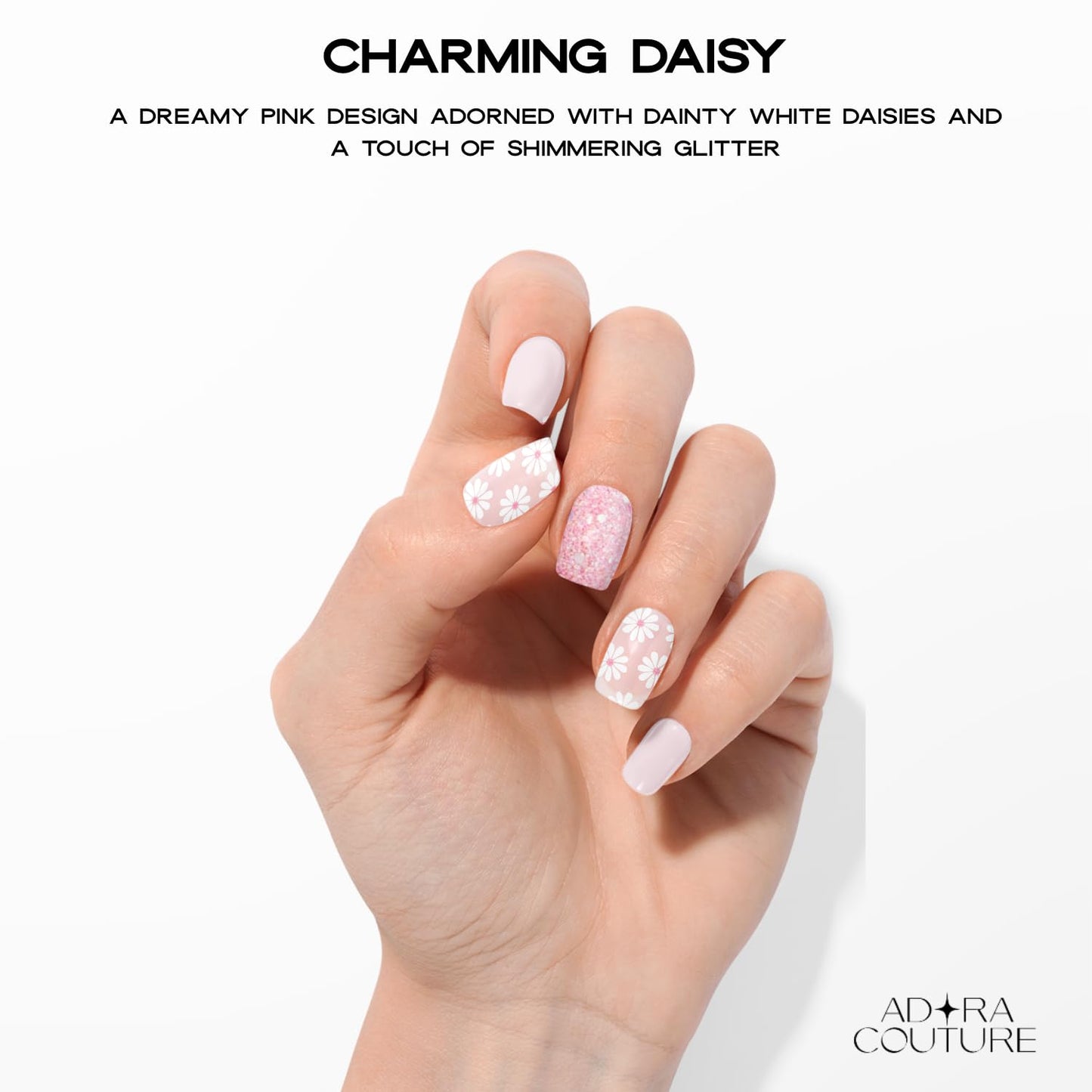 Adora Couture Semi Cured Gel Nail Strips with 30 Pieces - Salon Quality Manicure Kit for Women Easy Application Wraps Includes Prep Pads Nail File Wooden Stick, UV Light Required (Charming Daisy)
