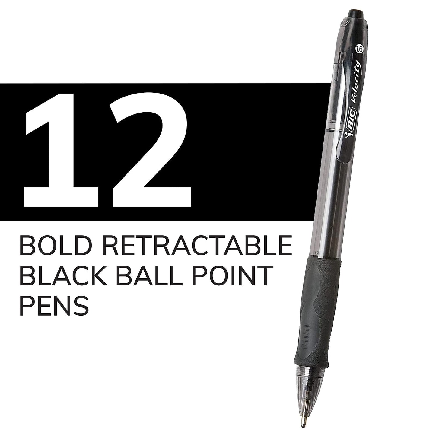 BIC VLGB11BK Velocity Retractable Ballpoint Pen, Black Ink, 1.6mm, Bold, Dozen