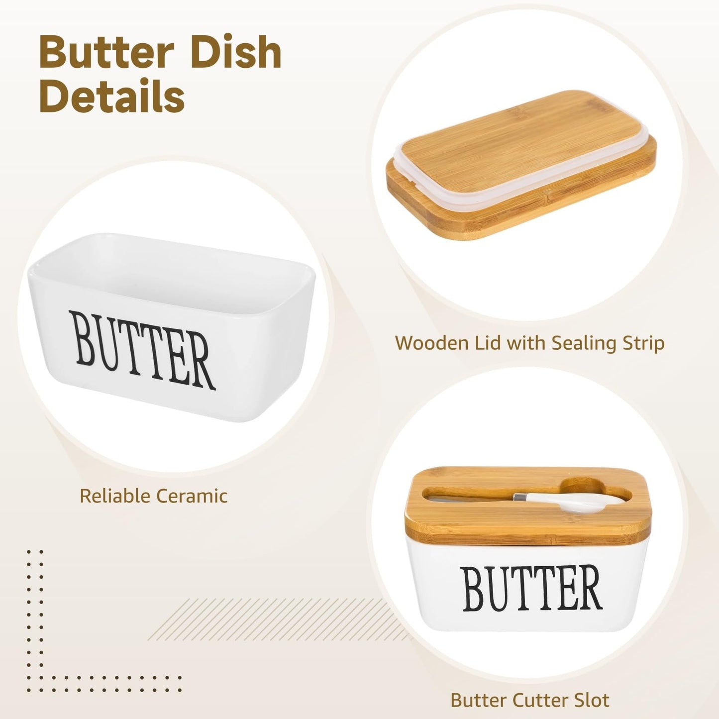 Bread Box and Butter Dish, Metal Bread Storage Container with Cutting Board Wood Lid, Ceramic Butter Dish with Sealing Wood Lid & Cutter
