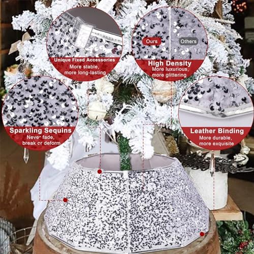 Blissun Christmas Tree Collar, Sequin Christmas Tree Skirt, Folable Christmas Tree Ring, Xmas Tree Stand Base Cover for Christmas Tree Decoration (Silver, Round)