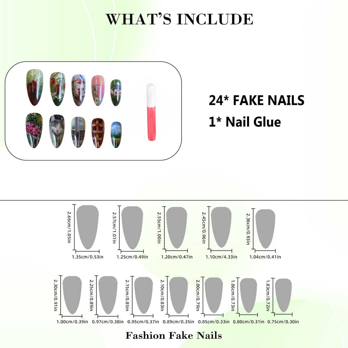 IMRAIN Press on Nails Almond Medium Fake Nails Green Acrylic False Nails Full Cover Artificial Cute Glue Stick on Nails for Women Girls 24Pcs