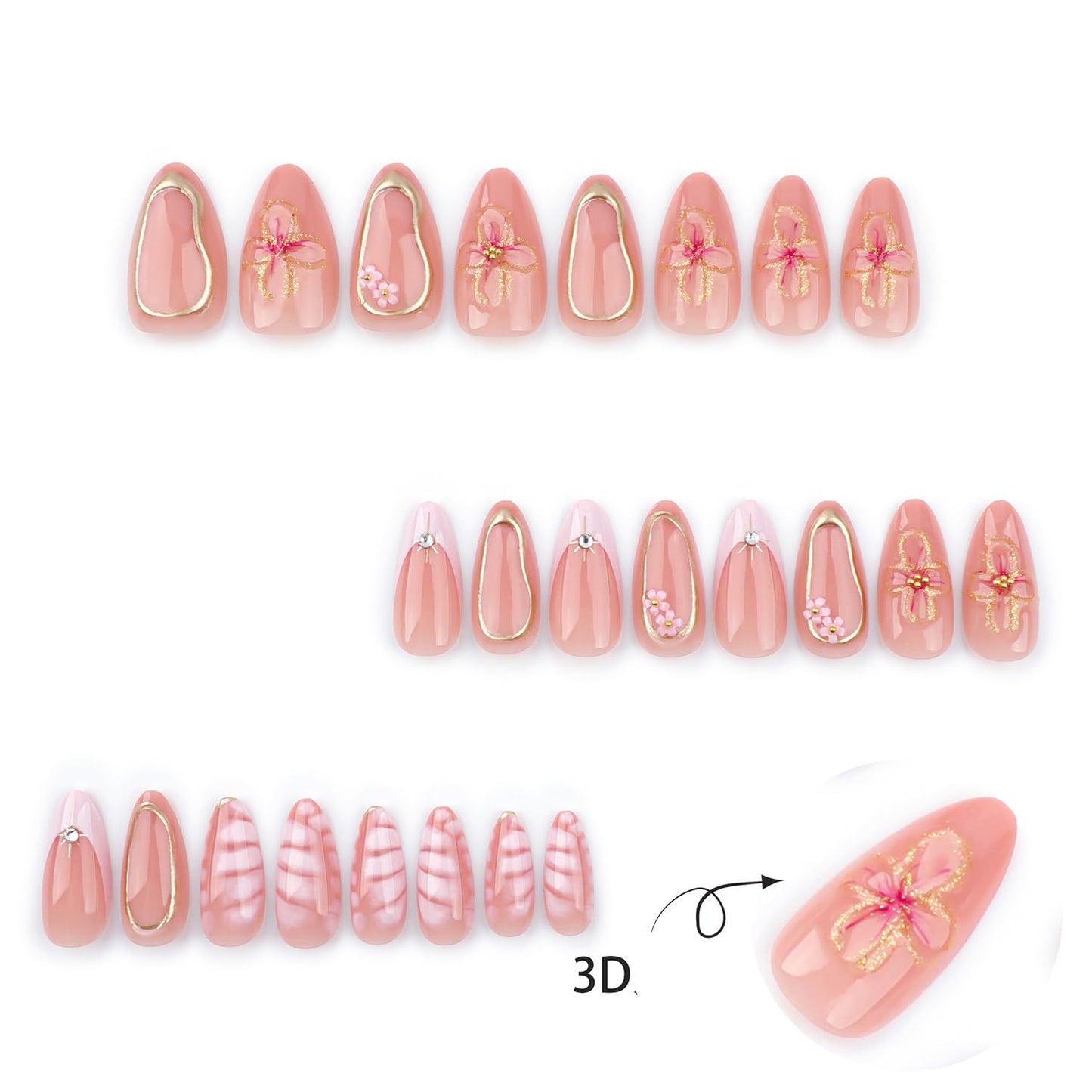 CJDLTS Flower 3D Pink Press on Nails Medium Almond Shaped French Tip False Nails Gold Lines Crocodile Pattern Design Full Cover Artificial Acrylic Nail Reusable Glue on Nails for Women 24Pcs