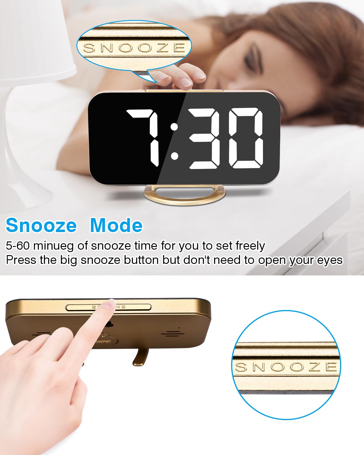 Poeroa Digital Alarm Clock,7 in LED Mirrored Clocks Large Display,with 2 USB Charger Ports,Auto Dim,Night Mode,Modern Desktop Electronic Clocks for Bedroom Home Office Decor - Gold