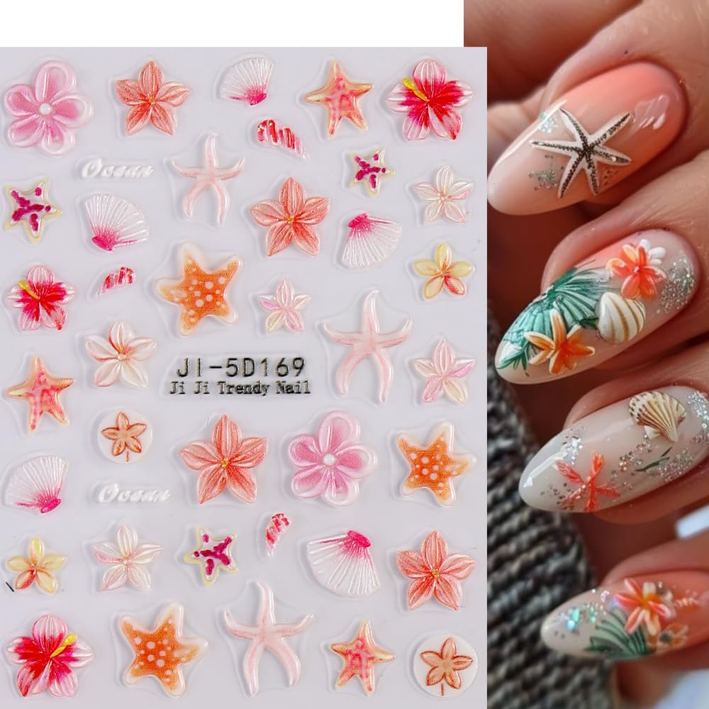 SIMAYKUWA Summer Ocean Nail Stickers | 3D/5D Ice Flower Press-on Designs | Waterproof Nail Art for Beach & Pool Parties | European & American Styles A Set of 3 Sheets