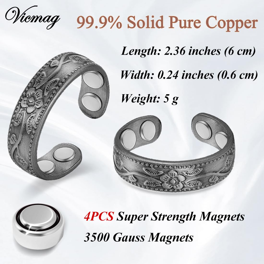 Vicmag Magnetic Copper for Women for Fingers with 4X Magnets 100% Solid Pure Copper Gift 2pcs