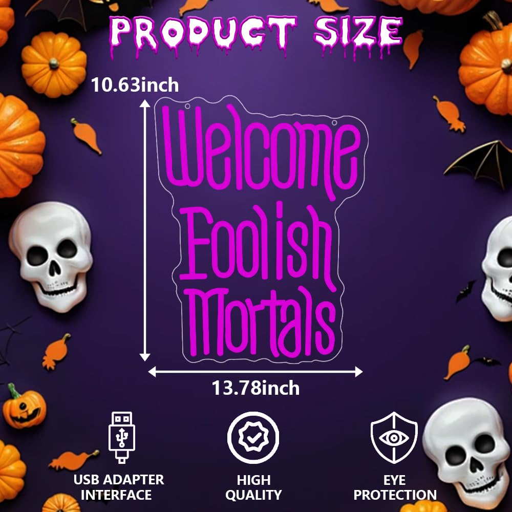 RuCvixkt Welcome Foolish Mortals Neon Sign for Wall Decor, Coffin LED Halloween Neon Signs Spooky Gothic Haunted Mansion Decor, USB Powered Led Neon Light for Man Cave, Party,Haunted House