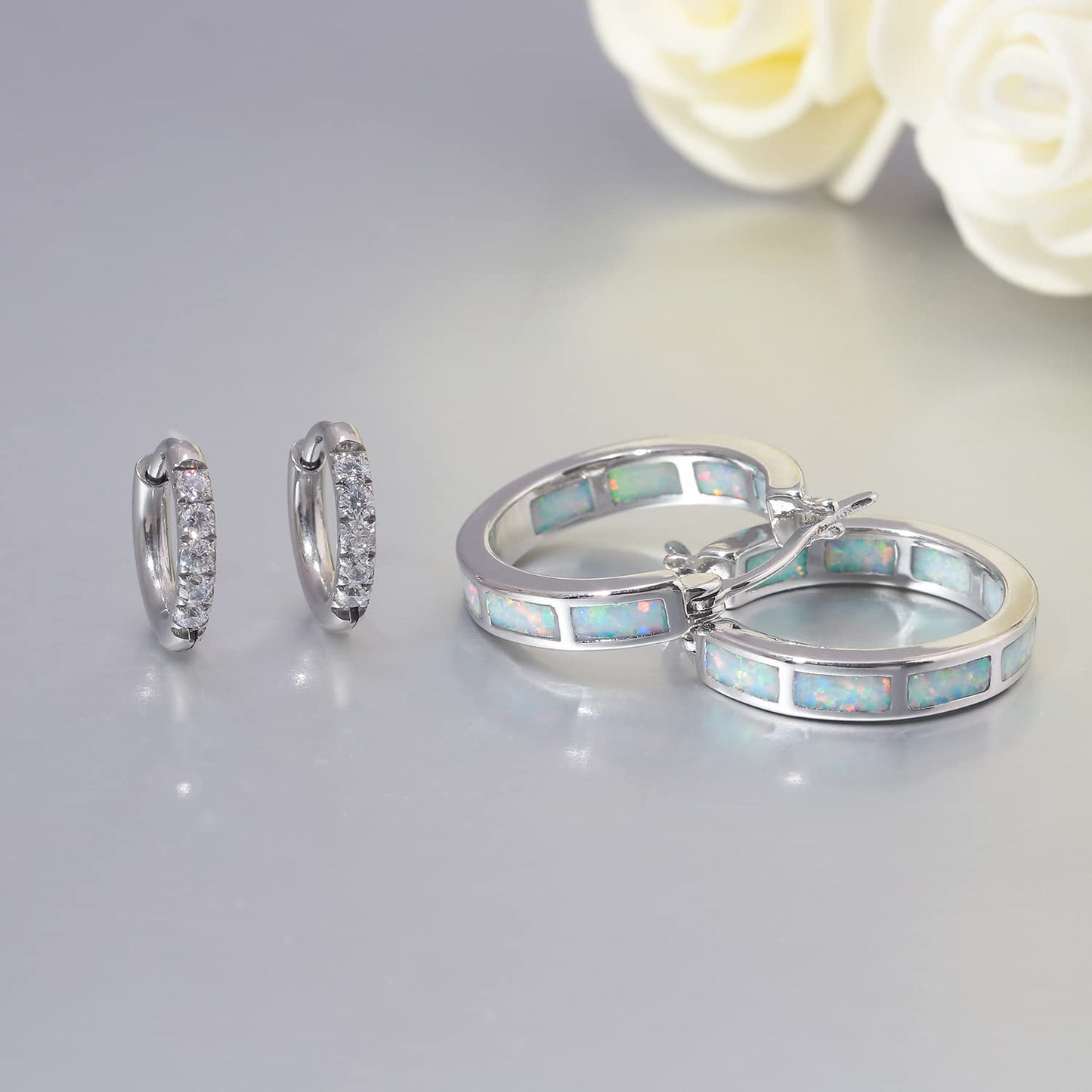 CiNily 2 Pairs Hoop Earring Set for Women Silver Plated Opal Small Hoop Earring Hypoallergenic Cubic Zirconia Tiny Earrings