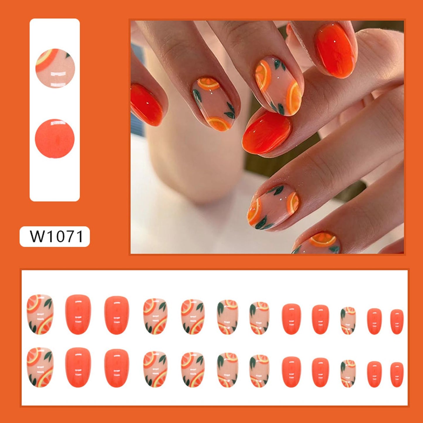 Orange Press on Nails Oval Short Fake Nails Glossy False Nails With Pomelo Designs Full Cover Stick on Nails Reusable Acrylic Artificial Nails Glue on Nails for Women Nail Art Decorations 24Pcs