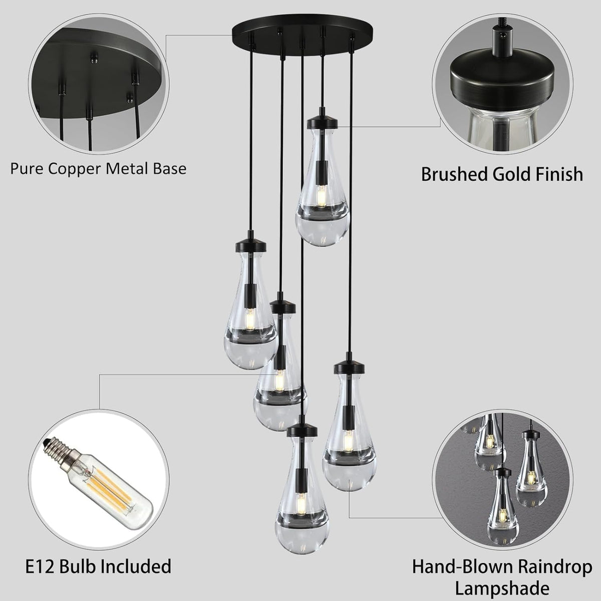 Bronze 5 Light Raindrop Chandeliers, Black Cluster Pendant Light Teardrop Dining Room Light Fixture Pendant Lights Kitchen Island, Hanging Ceiling Pendant Lighting for Entryway Living Room