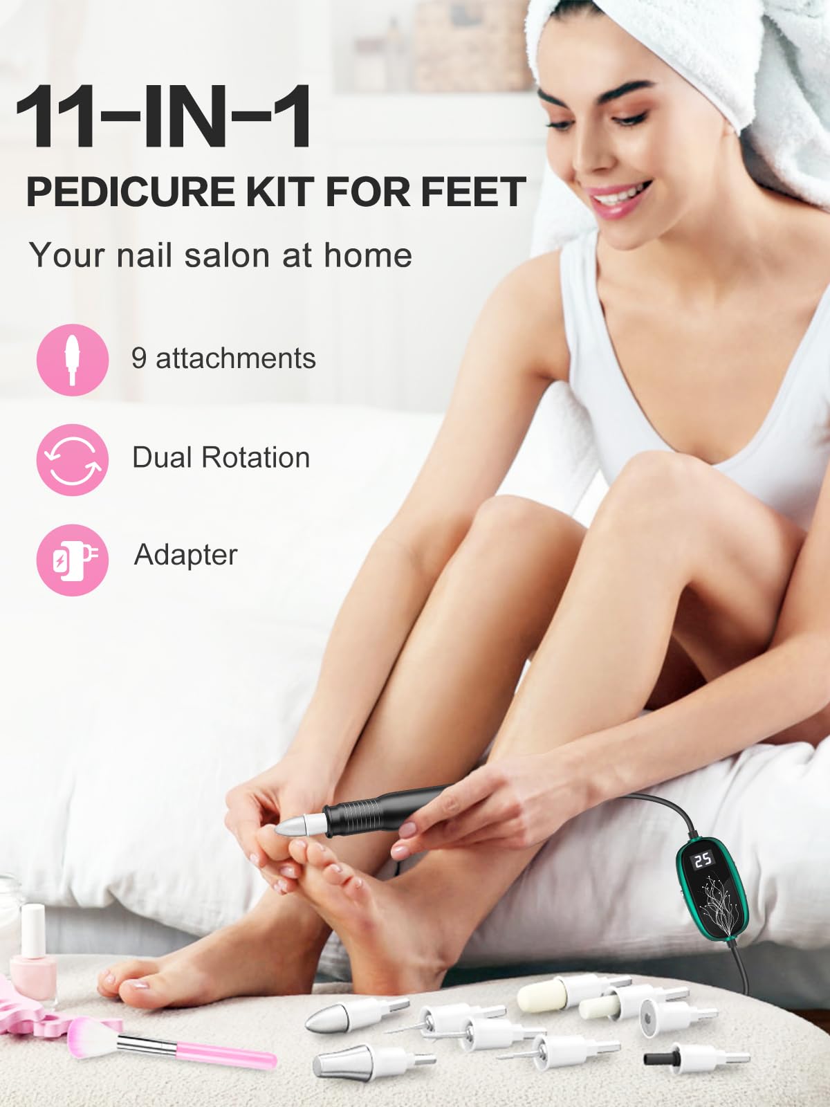 Subay Professional Manicure Pedicure Kit, Electric Nail Drill Set with LED Display, 25000RPM, 11-Piece Attachments Plus 20 Sanding Bands, Nail Grinder Tool for Women Men Baby Pets (4.Black)