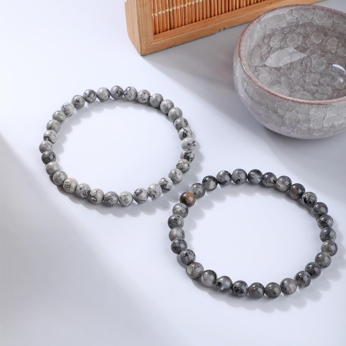 NCB 2-Piece 6mm Natural Crystal Gemstone Stretch Bracelets – ﻿Black Larvikite, Map Jasper Handmade Reiki Energy Healing Jewelry for Meditation,Yoga, Unisex